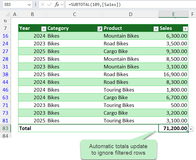 Excel Table filtered for Bikes category, with total automatically updating to exclude filtered out items.