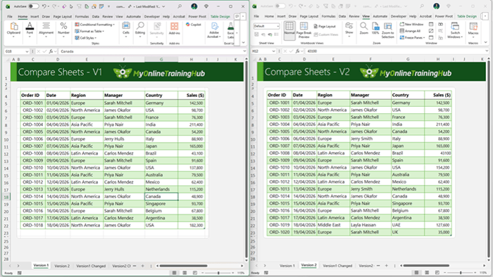 How
to compare two Excel tabs in the same file side by side?