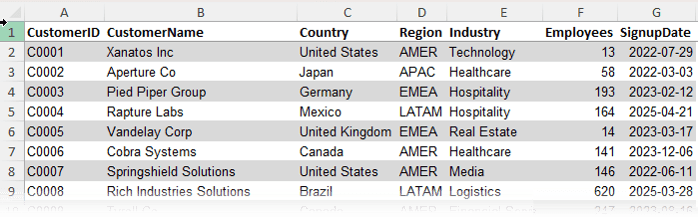 Customers table in Excel