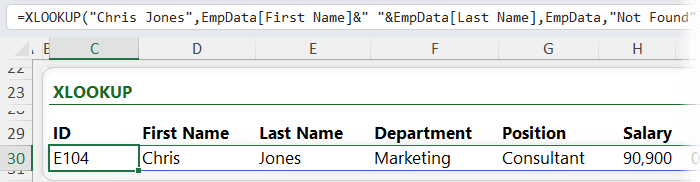 Screenshot showing
XLOOKUP formula returning employee details.