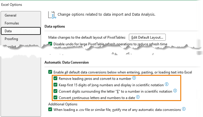 How to configure automatic data conversion options in Excel