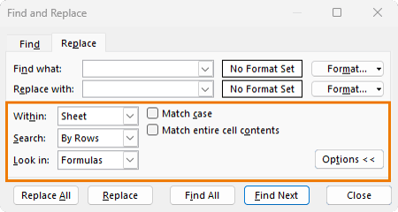 how to reveal advanced find and replace options in Excel?