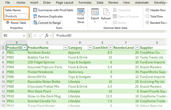 Excel Products sheet with product IDs, names, suppliers, and reorder levels.