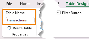 how to rename a table in Excel?
