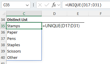 Extract distinct list with UNIQUE function