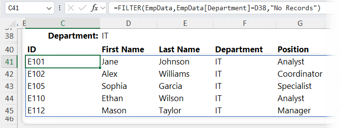 Screenshot showing FILTER formula returning employees for the IT department.