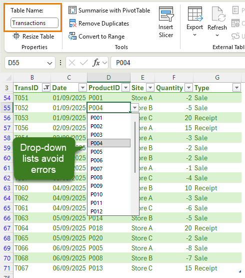 xcel Transactions sheet showing sales as negatives and receipts as positives.