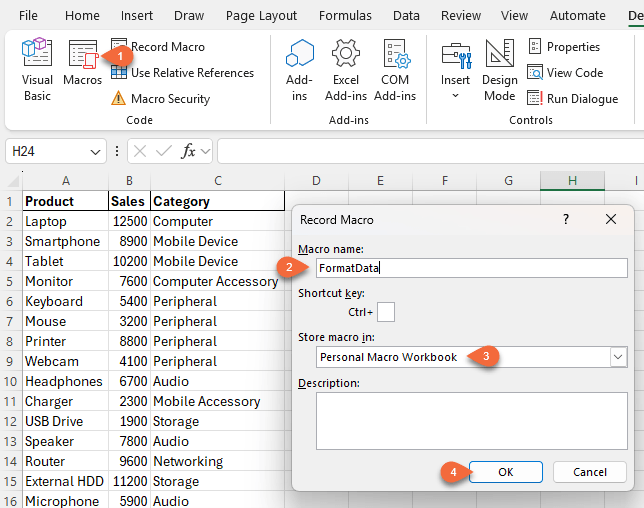 record a macro in Excel