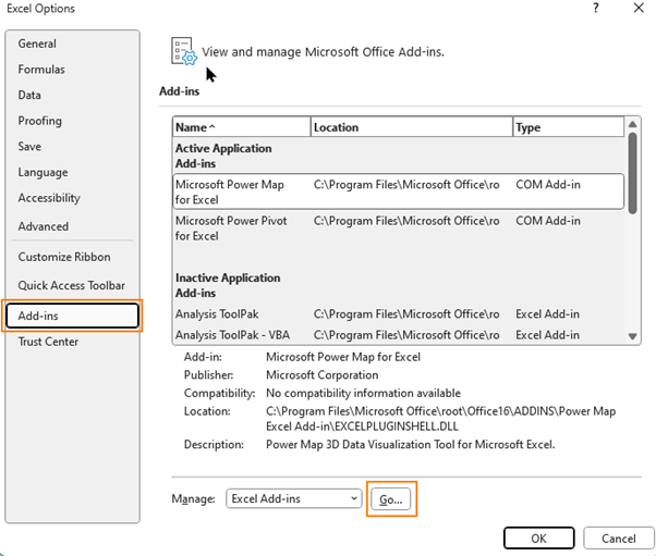 Manage Excel Add Ins