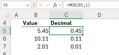 how to get the decimal part of a number in Excel