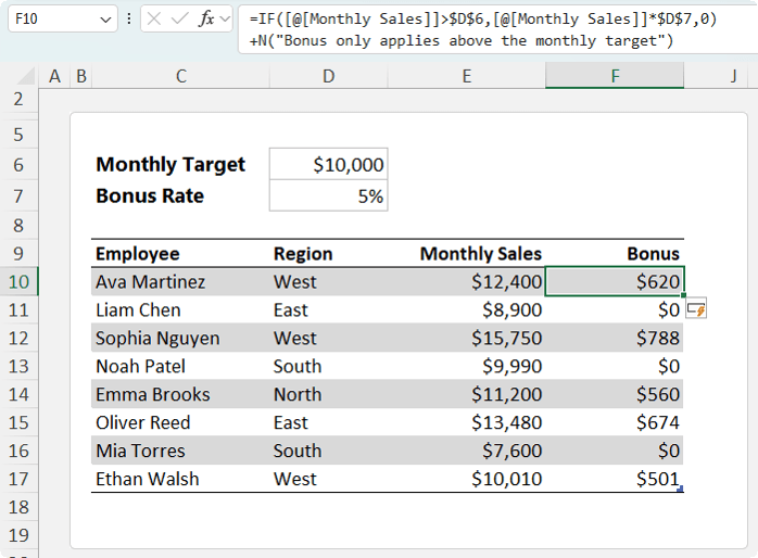 How to Add a Comment to a Numeric Excel Formula with N