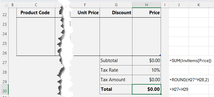 how to calculate total of an Invoice in Excel?
