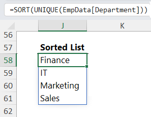 Screenshot showing SORT and UNIQUE formula returning sorted, distinct list of department names.