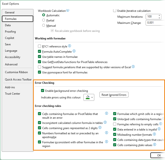 How to change error checking rules in Excel options