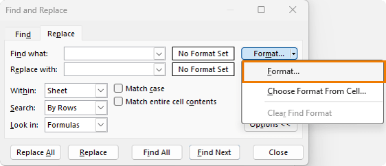 How to only change format and not the text using Excel's find and replace tool?
