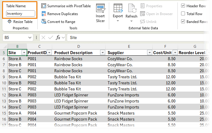 Excel Inventory sheet with stock quantities by site and reorder flags.