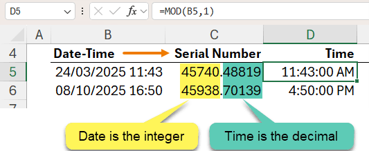 extract time from date time value in Excel