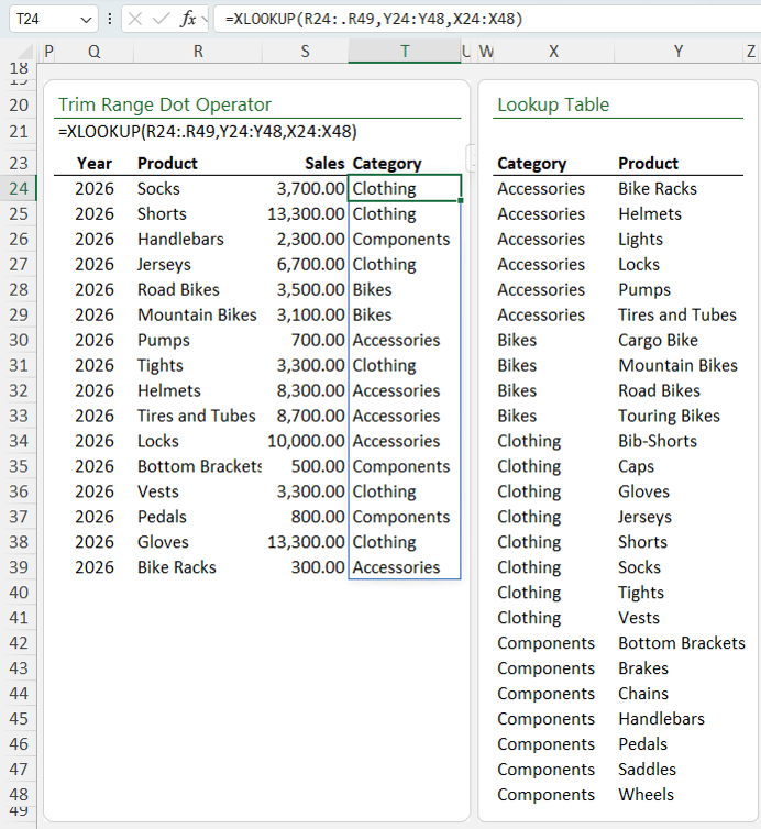 how to use the TRIMRANGE dot operator in Excel?