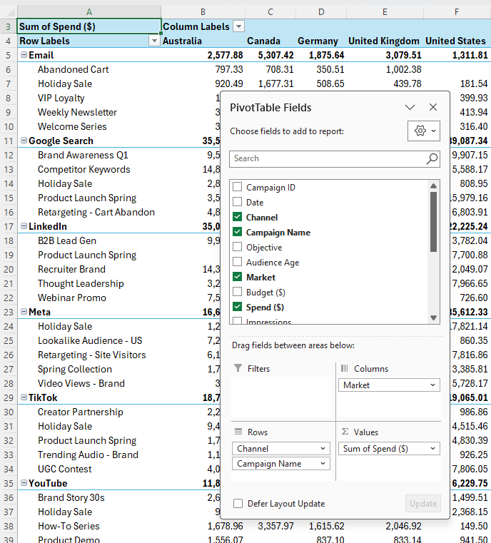 How to create an instant summary using PivotTable in Excel?