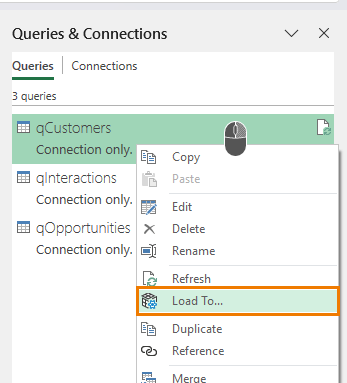 how to not load Power Query data in Excel, just create a connection?