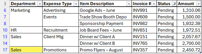 how merged cells affect filtering in Excel?