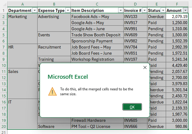 merged cells in Excel
prevents sorting