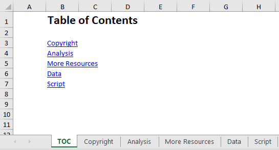 table of contents on Excel sheet