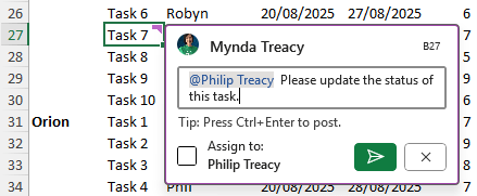 how to notify a teammate through comments in Excel?