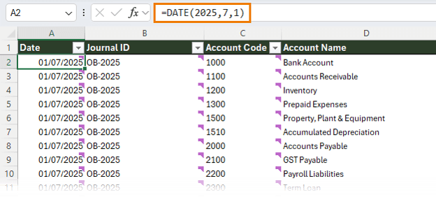 How to verify imported dates and account codes in Excel