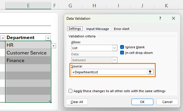 A screenshot of data validation dialog box in Excel