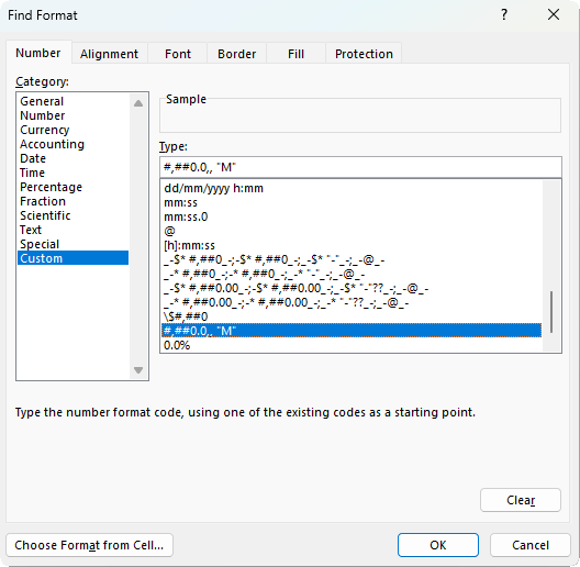How to select custom format for currency scaling in Excel?