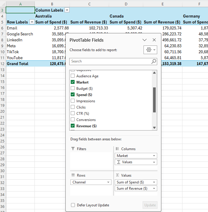 How to change a PivotTable in Excel?