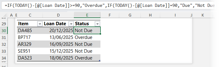 Screenshot showing nested IF formula categorising dates into due, not due and overdue.