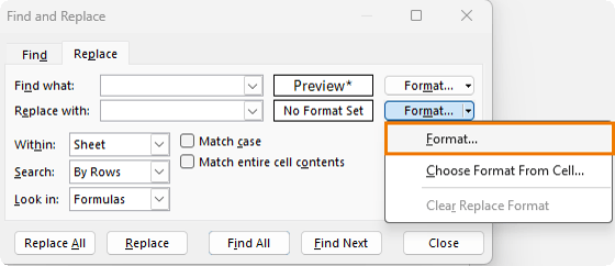 how to replace text with new format in Excel's find and replace tool?