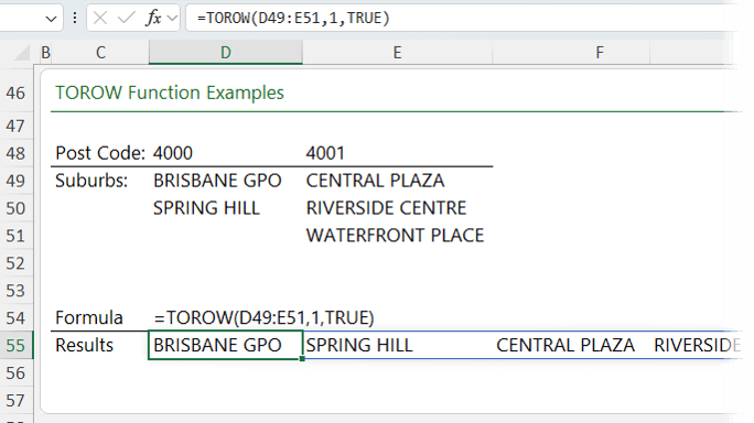 how to use the TOROW function in Excel?