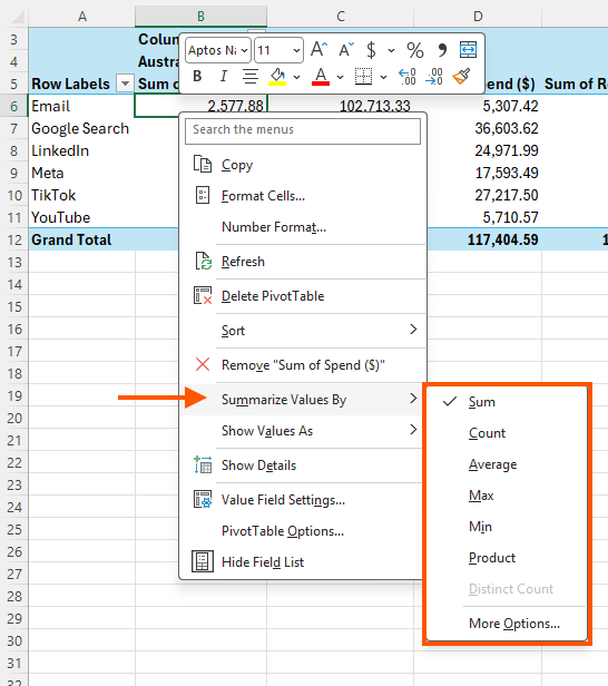 How to change value aggregations in an Excel PivotTable?