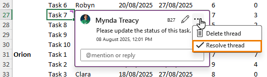 how to mark a comment as completed
or resolved in Excel?