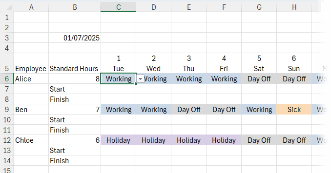 how to color code a work schedule in Excel?