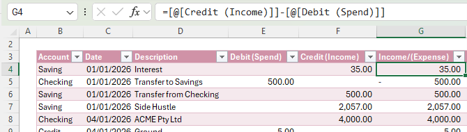 how to create a income expense formula in
excel for net impact of debits and credits?