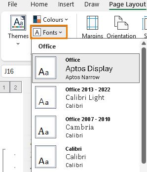 How to change page layout font themes in Excel