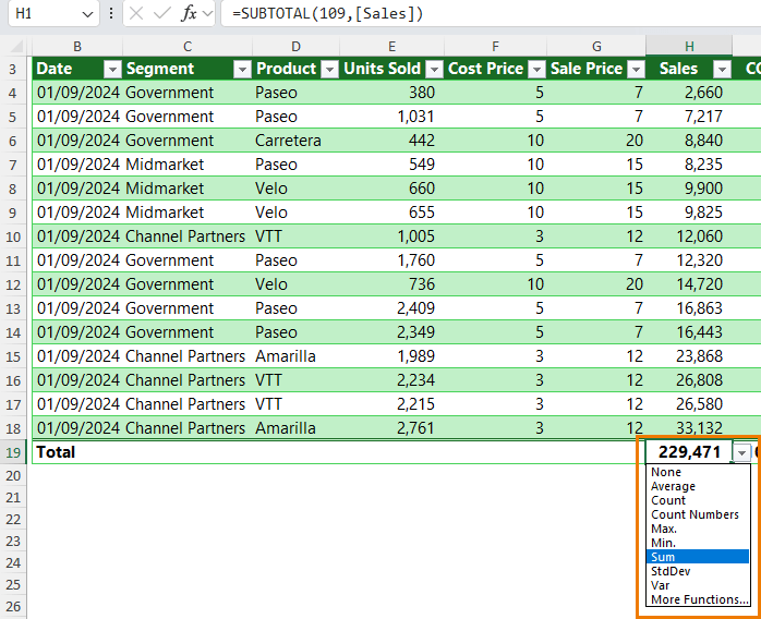 totals in an Excel table auto recalculate when table is filtered