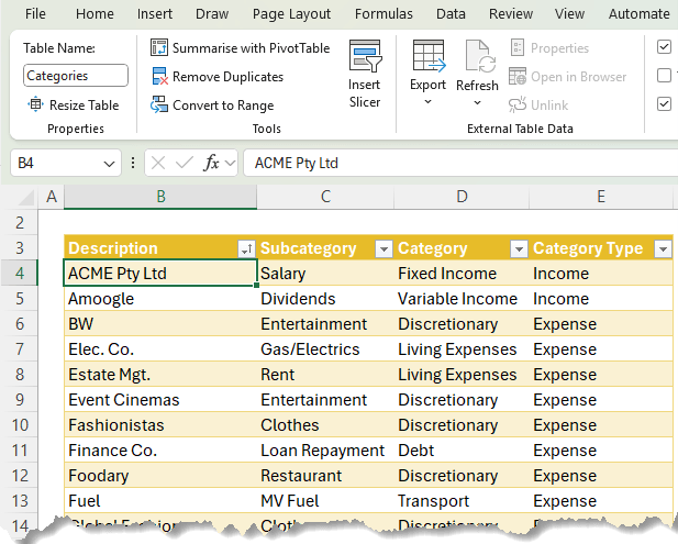 how to classify expenses and incomes in Excel?