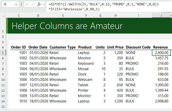 how to use helper columns in Excel to avoid using a single giant formula?