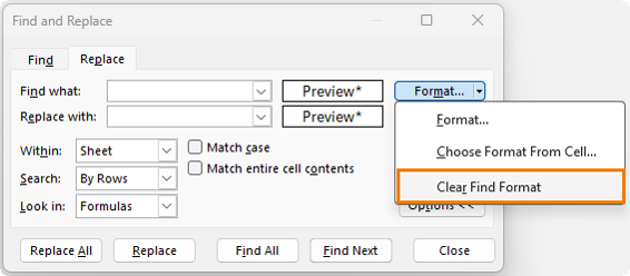 how to clear saved formats from Excel's find and replace tool?