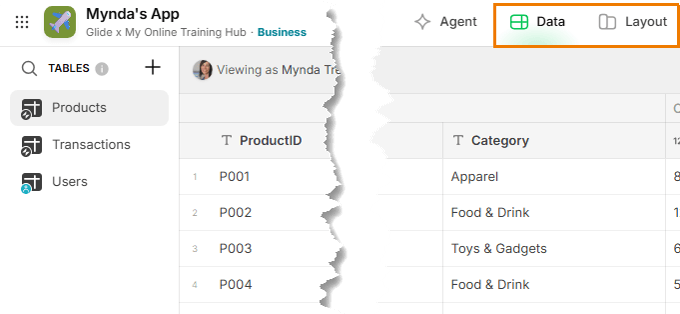 What are the Data and Layout Views in Glide?