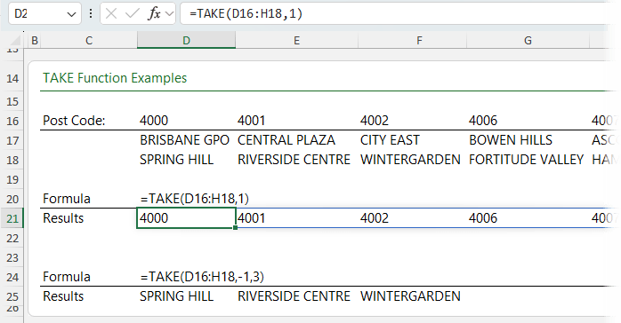 how to use the TAKE function in Excel?