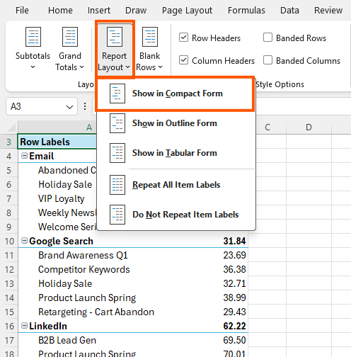 How to change PivotTable layout to Tabular layout in Excel?