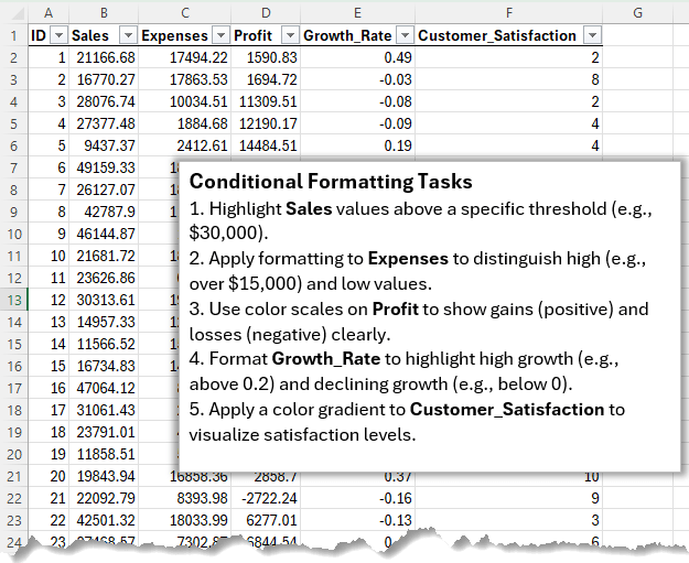 generate conditional
formatting practice datasets using ChatGPT