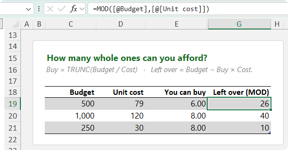 How to calculate whole items from a division result using TRUNC?