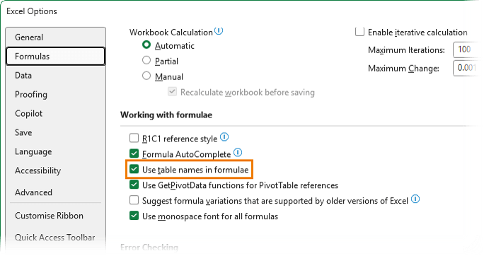 How to switch off Excel Table names in formulas